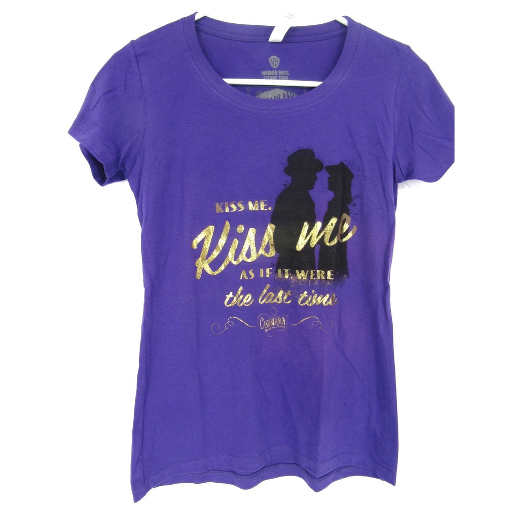 Warner Bros Casablanca Movie Graphic Tee Women Small Purple Gold Foil Kiss Me